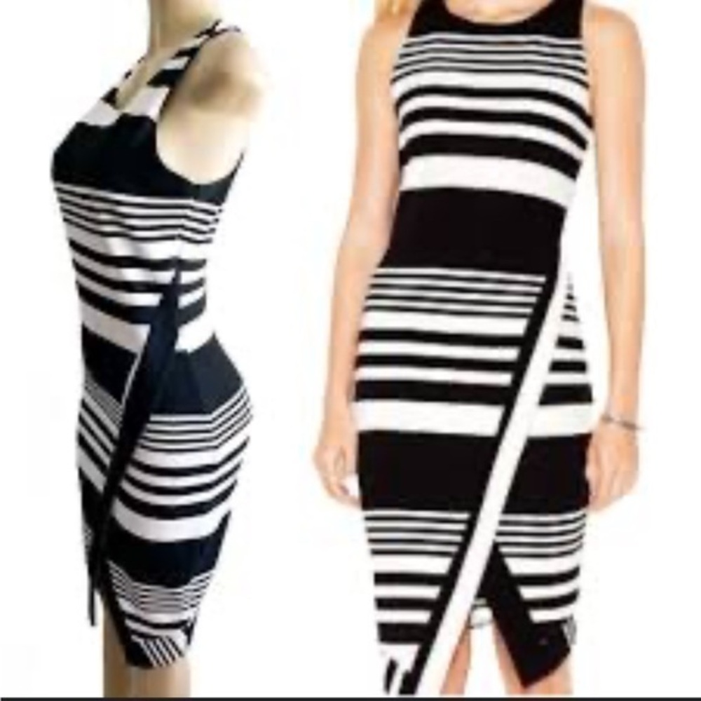 Bar III sleeveless back zip up lined Black and White Striped dress medium